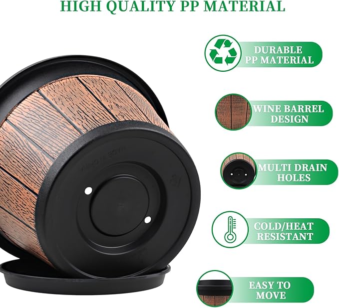Quarut Large 4 Pack 14 inch Plant PotsWhiskey Barrel Planters with Drainage Holes &amp SaucerPlastic Decoration Flower Pots Retro DesignPlanters for Outdoor Indoor Garden Balcony Plants (Brown)