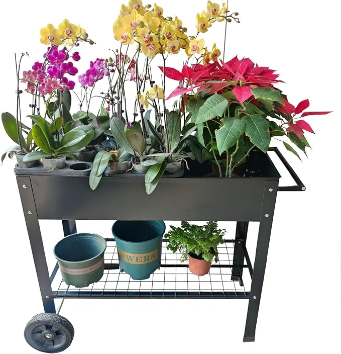 Mobile Elevated Garden Bed with Wheels - 200lb Capacity Metal Raised Planter Box with Drainage System Storage Shelf &amp Adjustable Height for Vegetables Herbs &amp Flowers - Indoor/Outdoor Use