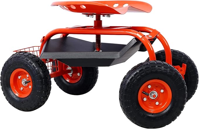 Garden Cart Rolling Scooter - Features Extendable Steer Handle Swivel Seat and Utility Tool Tray (Red)