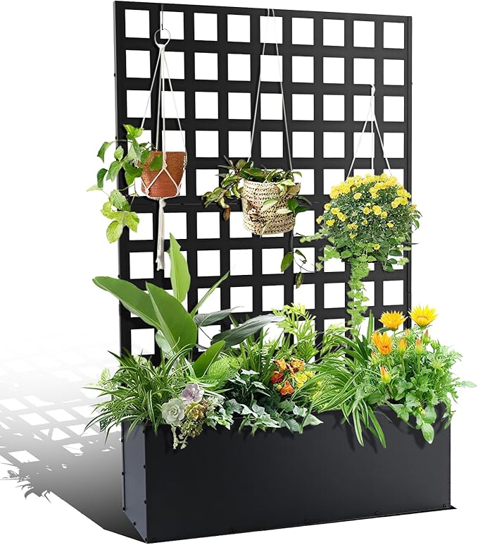 GarveeLife Metal Planter Box with Trellis 71 in x47 in x12 in Raised Garden Bed with Trellis Outdoor Garden Box with Privacy Screen &amp Drainage Holes for Climbing Plants Flower Vegetable Black