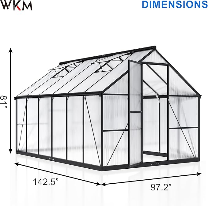 WKM 8x12 FT Greenhouse for Outdoors Quick-fit Structure Polycarbonate Green House with Window for Ventilation Walk-in Aluminum Greenhouse for Outside Garden Backyard Black