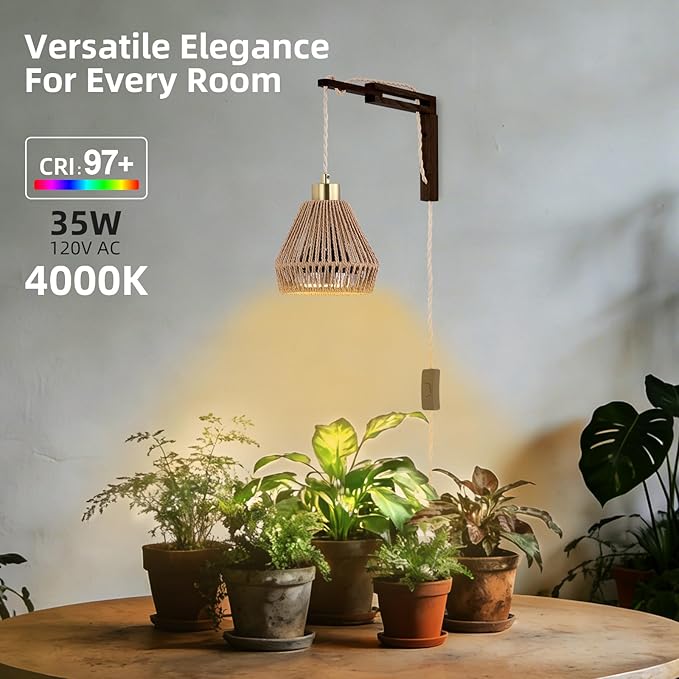 Hanging Grow Lights for Indoor Plants - 35W 4000K Full Spectrum Plant Light Wall Mounted Grow Light with Wooden Bracket Timer 15FT Power Cord Ideal for Plants Flowers &amp Home Decor