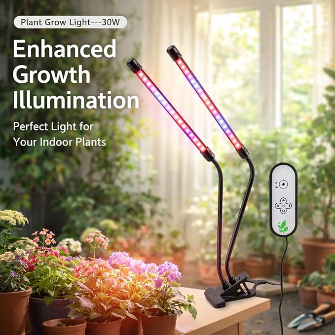 Plant Grow Light 30W USB Powered Dual Head Clip On Full Dimmable with Timing - Energy Efficient Flexible Angle Ideal for Indoor Plants