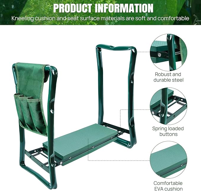 Folding Garden Kneeler Seat with Handles and 3 Tool Bag Anti-Tipping Gardener Stool Widened Thick EVA Soft Foam Kneeling Pad Portable Lightweight Gardening Kneeler Stool for Garden