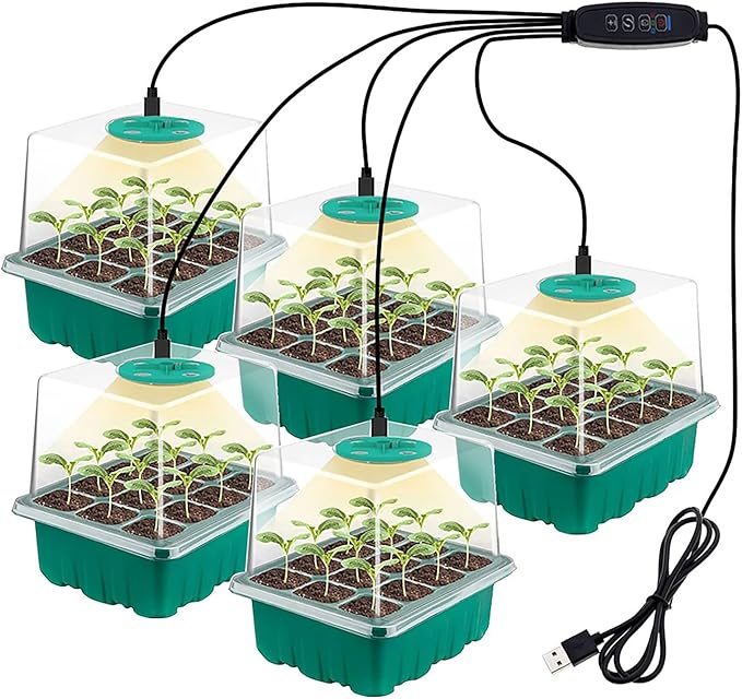 payanwin 6-Pack Seed Starter Tray Kit with Grow Light Adjustable Brightness &amp Timing Controller Seedling Trays with Humidity Domes &amp Heightened Lids Thicken Design Ideal for Indoor Plant G