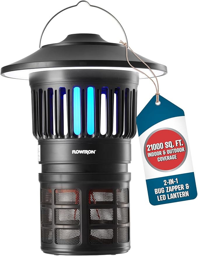 Flowtron Bug Trap Lantern | 2-in-1 UV Mosquito Trap &amp LED Camping Lantern 21000 Sq Ft Coverage 4000mAh Rechargeable Battery Cordless Insect Trap with Fan for Patio Backyard Indoor Outdoor