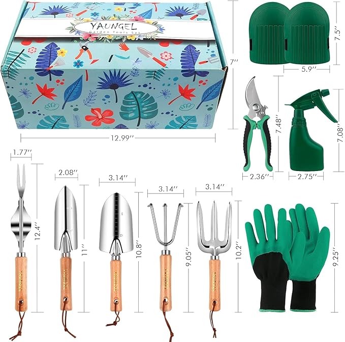 YAUNGEL Gardening Tools Set of 10 Heavy Duty Gardening Hand Tools Stainless Steel Garden Tools with Wooden Handle Storage Garden Bag Gardening Gifts for Women and Men