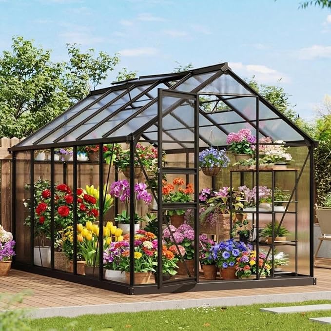 Greenhouse 6×10FT Greenhouses for Outside Walk-in Green House with Ground Nails and Vent Windows Sliding Lockable Door Polycarbonate Green House for Outside Garden Backyard Quick Setup