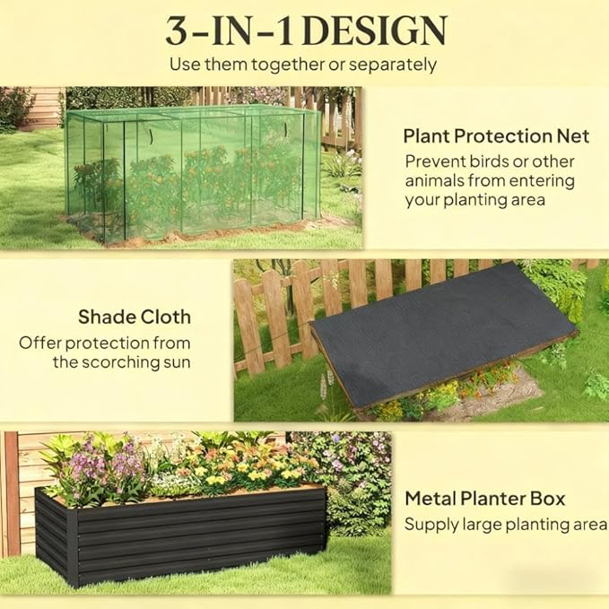 Heavy-Duty Galvanized Steel Raised Garden Bed with Integrated Crop Cage and Adjustable Shade Cloth for Outdoor Vegetable and Flower Growing (Dark Green + HDPE + Steel-1)