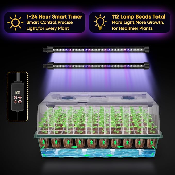 BlumWay 120-Cell Self-Watering Seed Starter Tray with Grow Light 1-24H Timer Seed Starter Kit with 4.02 Humidity Dome Seedling Tray for Indoor Plant Starter Plant Germination Trays-Green