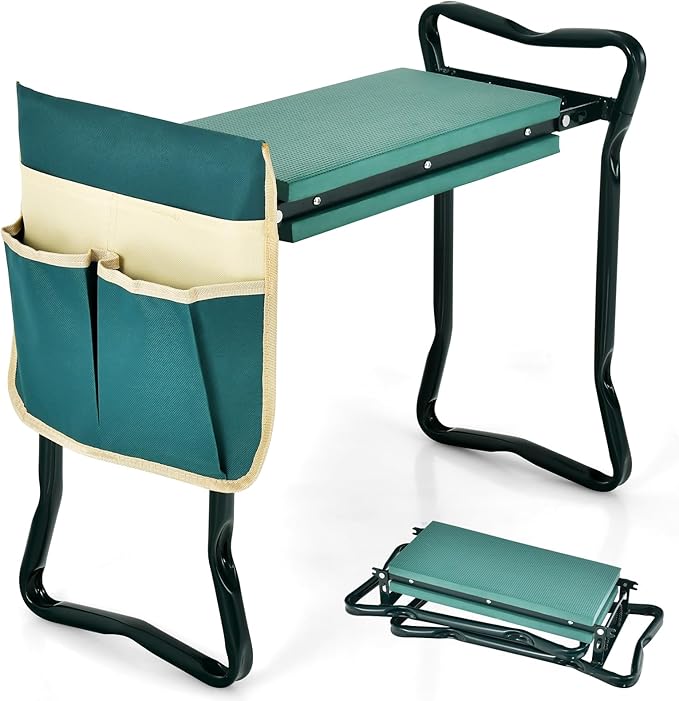 TANGZON Foldable Garden Kneeler and Seat 2-In-1 Gardening Stool with Thickened EVA Foam Pad Detachable Tool Pouch &amp Handles Portable Gardener Bench for Seniors (1 Green+Beige Tool Pouch)
