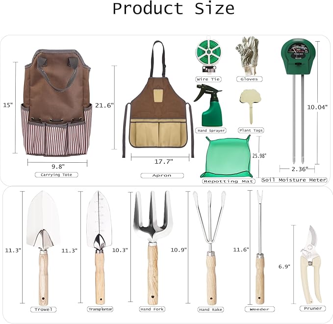 14 PCS Garden Tool Set with Soil Moisture Meter Stainless Stell Heavy Duty Gardening Hand Tools with Wood Handle Tote Bag Repotting Mat Gardening Tool Set Ideal Gift for Women and Men