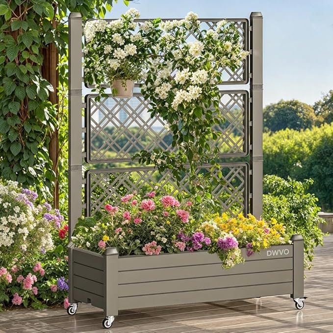 DWVO 3.6 x 1.5 x 5 FT Raised Garden Bed with Trellis Large Outdoor Planter Trellis Box with Drainage Holes and Wheels for Climbing Plants Light Brown