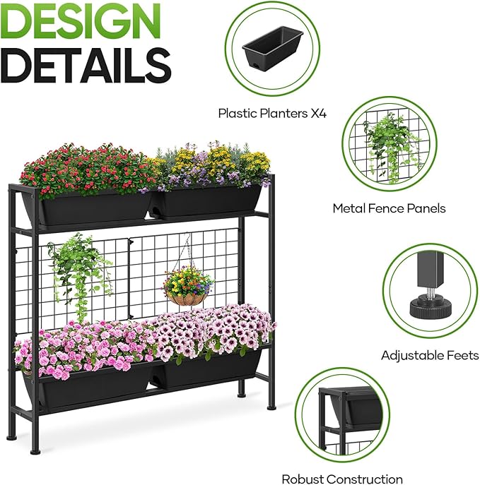 CADUKE Raised Garden Bed Garden Raised Planter Box with Legs 32 Elevated Vegetable Garden Beds with Drainage Holes &amp Trellis Herb Garden Planter Outdoor for Vegetables Balcony Patio Black