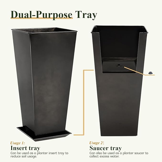 Worth Garden Large Metal Glazed Planter Set of 2 (25 + 28) Luxurious Glossy Finish Black Tall Square Tapered Steel Plant Pot Decor Flower Pot Indoor &amp Outdoor Drainage Hole &amp Dual-Purpose