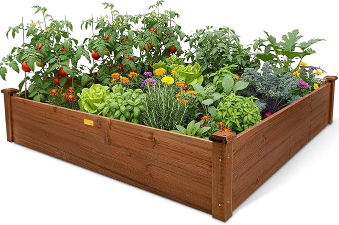 Hollyone 48 X 48 inches Wood Raised Garden Bed Frame Planters Wooden Elevated Planting Planter Box for Outdoor Herb Vegetables Flowers Grass Lawn Yard Patio - Brown 4×4ft