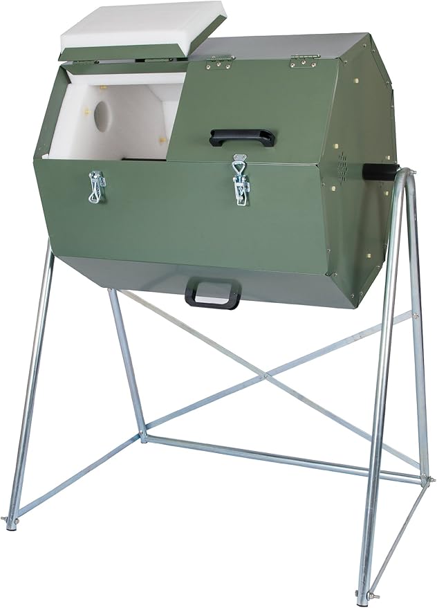 Jora Outdoor Compost Tumbler - Dual Chambers Dual Doors &amp Galvanized Steel Construction - 33 Gallon Capacity - Rotating Heat Generating Insulated Compost Bin