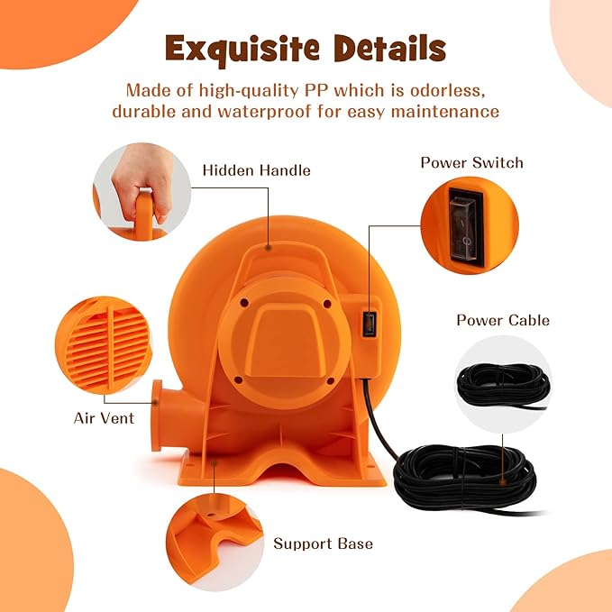 Costzon Air Blower 1.0HP Blower for Bounce House with 25FT SJTW Wire &amp Stakes GFCI Plug ETL 750W Perfect for Inflatable Bouncer Blower Orange IPX4 Air Blower for Inflatables