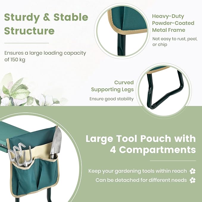 TANGZON Foldable Garden Kneeler and Seat 2-In-1 Gardening Stool with Thickened EVA Foam Pad Detachable Tool Pouch &amp Handles Portable Gardener Bench for Seniors (1 Green+Beige Tool Pouch)