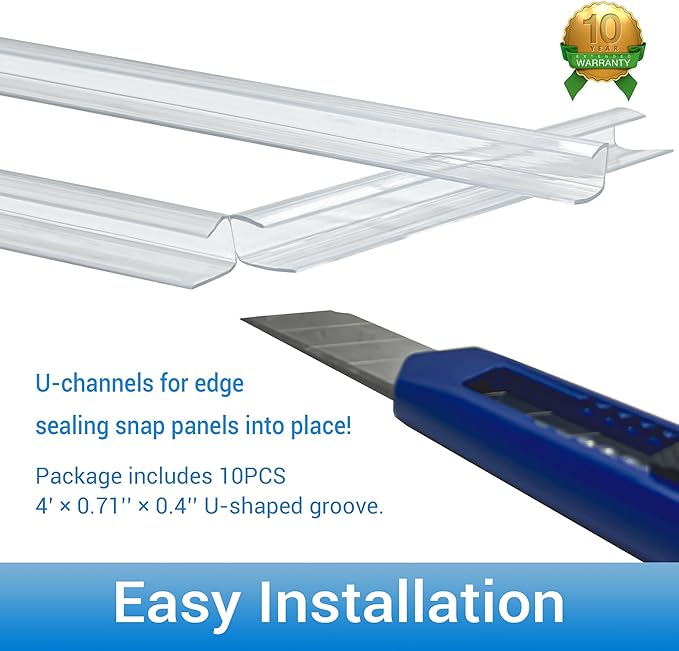 10 PCS Polycarbonate Greenhouse U Connector Profile 4ft Length Fits 0.32’’ &amp 0.4’’ Twin-Wall Polycarbonate Panels Duty Dust Rain &amp Moisture Protection Durabler (U-Clip 4' × 0.71’’ × 0.4’’)