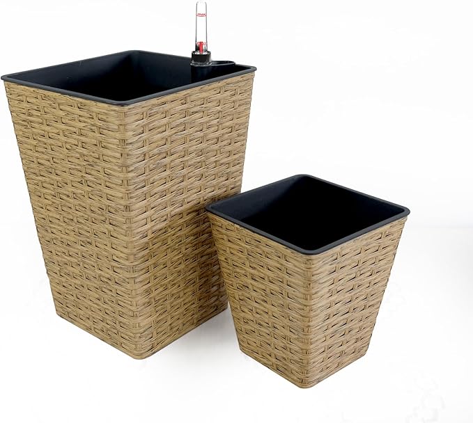 2 Pack Smart Self Watering Square Planter for Indoor and Outdoor Hand Woven Wicker Brown