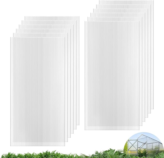 UMIG 12 PCS 4' x 2' x 0.32'' Polycarbonate Greenhouse Panels Twin-Wall Waterproof UV Protected Corrugated Plastic Roof Panels Sheets Clear Replacement Panels for Greenhouse Outdoor Plant