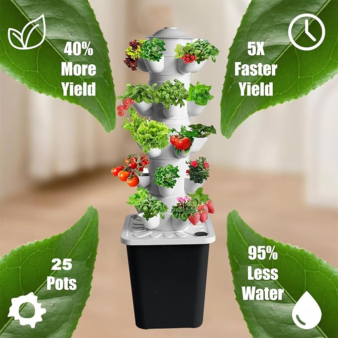 Hydroponics Tower Indoor Growing System Vertical Hydroponics Garden Tower Indoor Smart Garden Kit with Pump and Movable Water Tank (18/25holes)