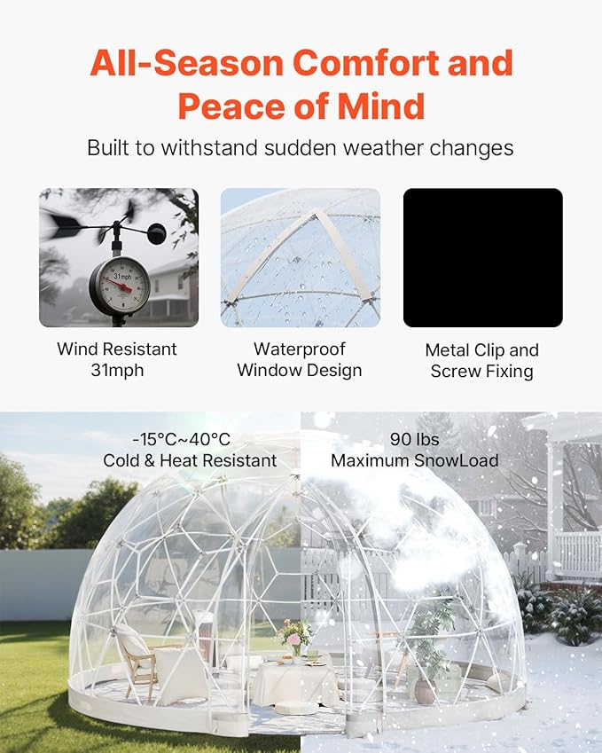 VEVOR Garden Dome Tent 15 x 9.5 ft Clear Bubble Tent House for 12-14 Person Waterproof PVC Geodesic Dome Greenhouse with Ventilated Window Outdoor Igloo Tents for Patio Backyard Party Camping
