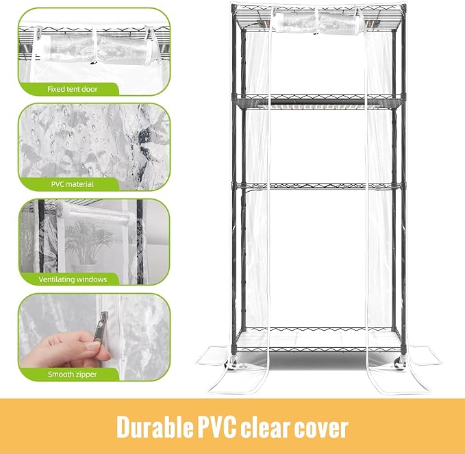 Indoor Greenhouse with Grow Light and Shelves - 4 Tier Plant Stand with Grow Light Zippered PVC Cover and 3 Dimmable 1.8FT 60W Grow Lights with Timer 30 L X 14 W X 59 H Black