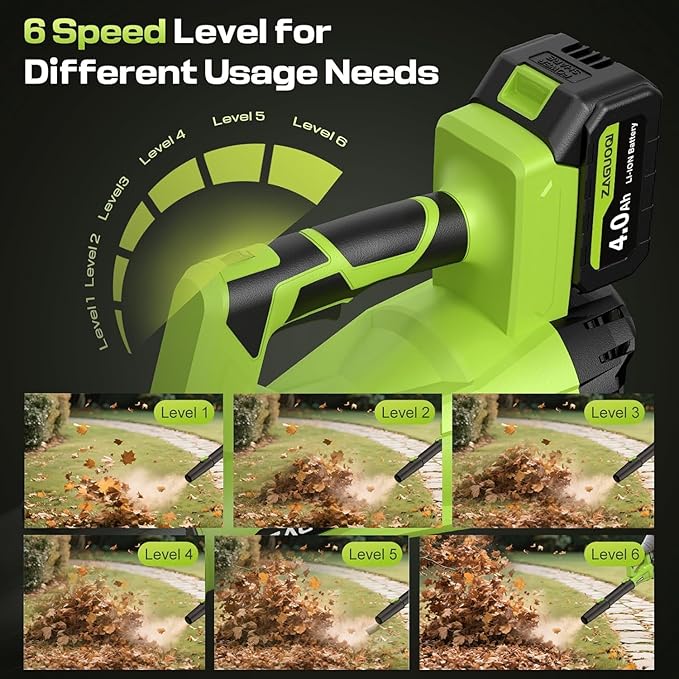 Leaf Blower Cordless 650CFM 288MPH Electric Leaf Blower with 2 x 4.0Ah Battery Operated 6 Speed Mode 20V Powered Handheld Blowers for Lawn Care Patio Dust Blowing Leaves