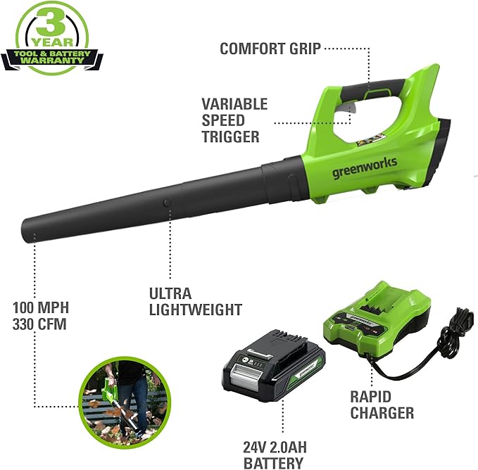 Greenworks 24V Axial Blower (100 MPH / 330 CFM) 2.0Ah Battery and Charger