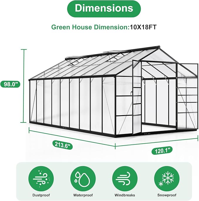 WKM 10x18 FT Greenhouse for Outdoors Walk-in Polycarbonate Greenhouse with Quick Setup Structure and Roof Vent Heavy Duty Green House for Outside Garden Backyard Black