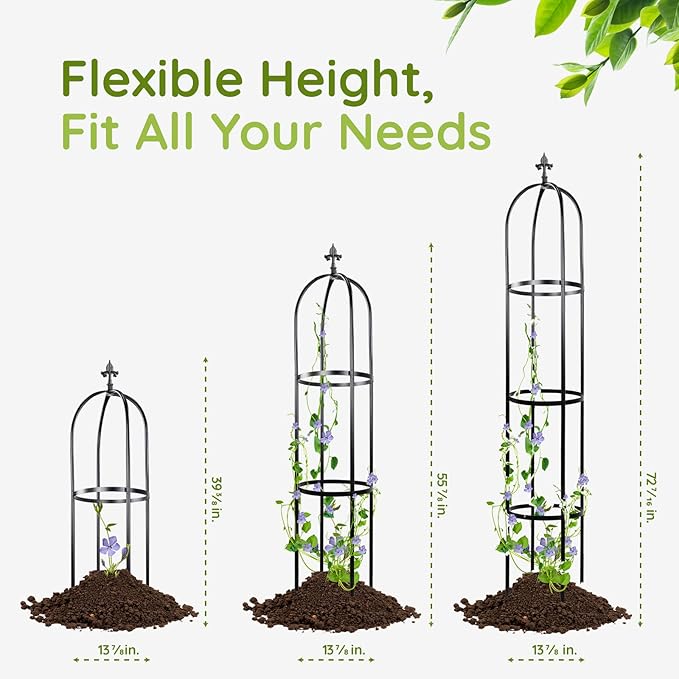 Idzo 100% Metal Obelisk Trellis for Climbing Plants Outdoor 6ft - 72in Heavy Duty Black Garden Trellis for Climbing Vine with Stone-Look Finish 1pc