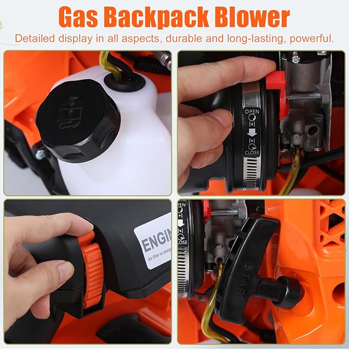 Backpack Leaf Blower 80CC 4.7HP 2-Cycle Gas Leaf Blower 900-CFM &amp 210-MPH Powerful Back Pack Blowers Variable Speed Cruise Control Portable Air Blower for Garden Snow Dirt Debris