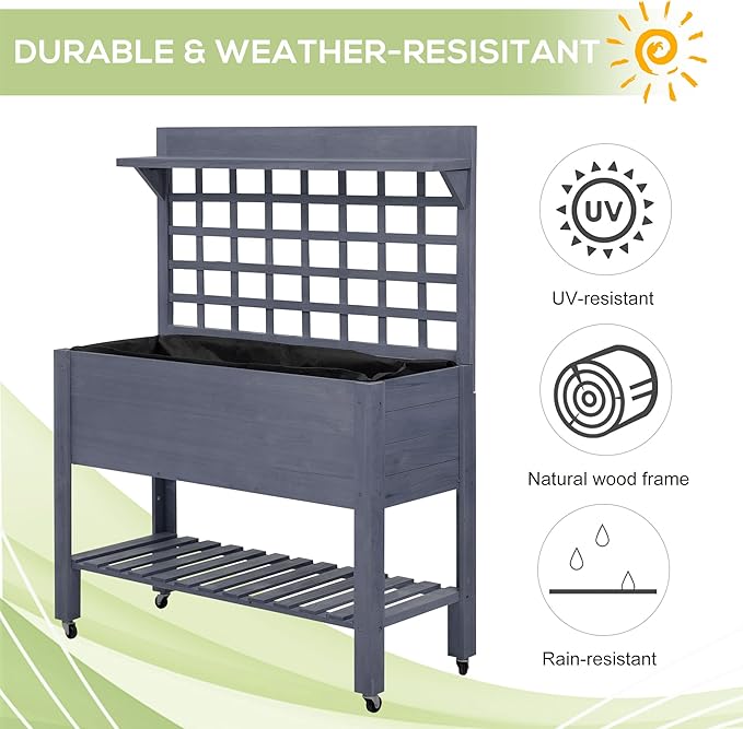 Outsunny 41 Raised Garden Bed with Trellis on Wheels Wooden Elevated Planter Box with Legs and Bed Liner for Flowers Herbs &amp Vegetables Gray