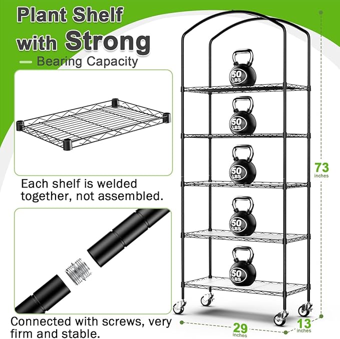 Abimars 5-Tier Greenhouse with Caster Wheel Each Shelf Height Adjustable Metal Plant Shelf with PVC Cover for Seed Starting Trays Seedling Pots Plant Pots 13x29x73inch