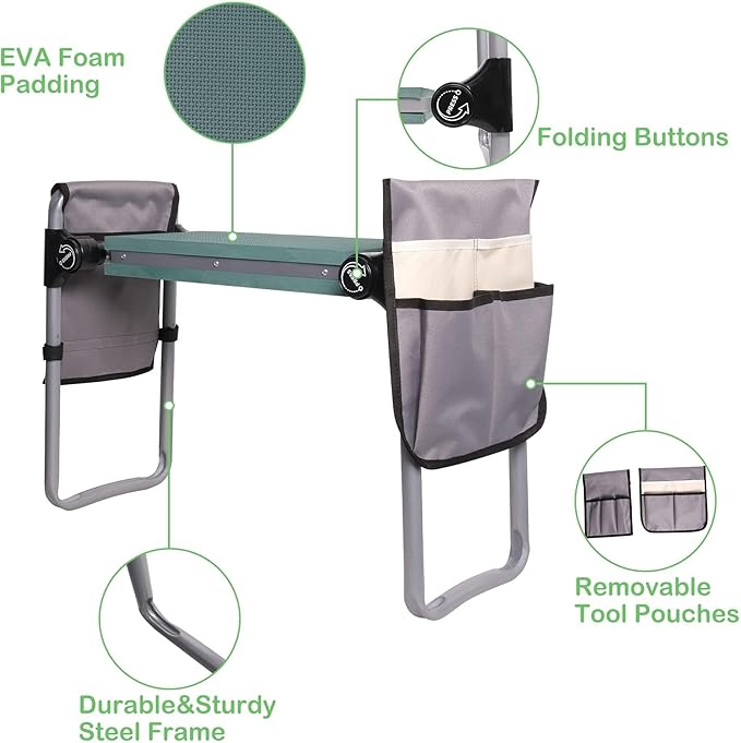 Garden Kneeler and Seat 2024 Upgraded Foldable Heavy Duty Kneeling Bench with 2 Tool Bags and Widen Soft EVA Foam Pad for Senior Green