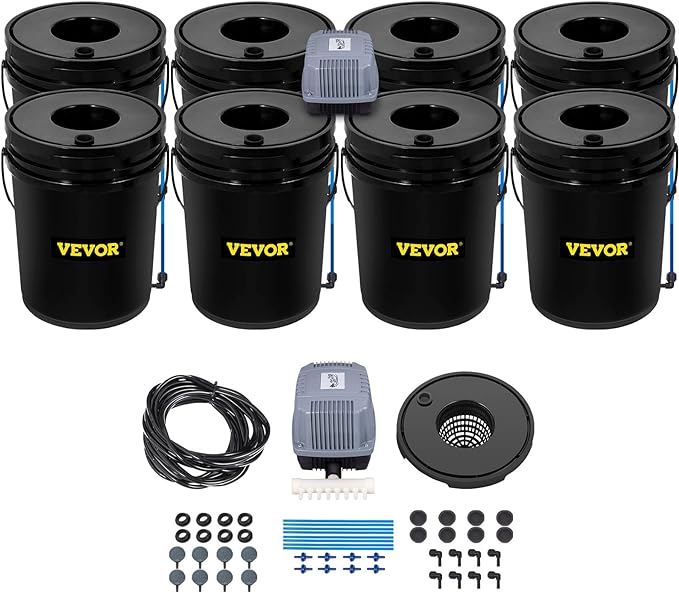 VEVOR DWC Hydroponic System 5 Gallon 8 Buckets Deep Water Culture Growing Bucket Hydroponics Grow Kit with Pump Air Stone and Water Level Device for Indoor/Outdoor Leafy Vegetables