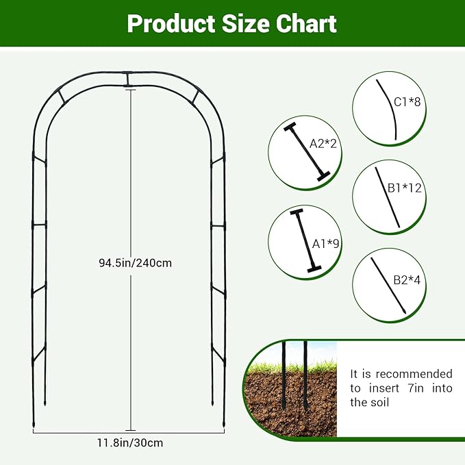 Garden Trellis - 47(L) * 94(H) inch Garden Arch for Climbing Plants Outdoor Thickened Plastic-Wrapped Anti-Rust Technology Suitable for Garden Lawn Wedding Festival Decoration（Black）