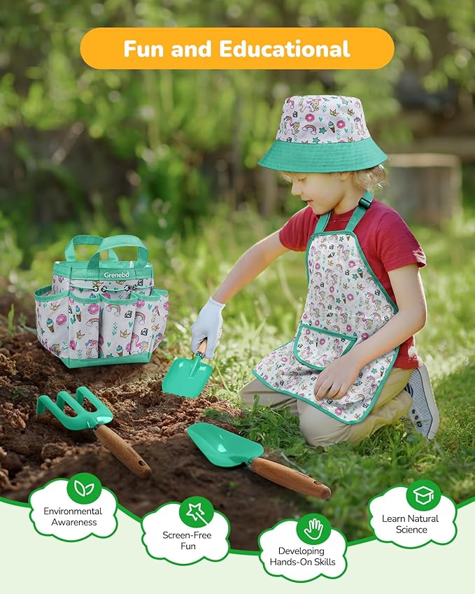 Kids Gardening Set ToysIncludes Metal TrowelTransplanting ShovelGarden hatRakeApronGlovesWatering Canand Tool Organizer Bag (Lake Green)
