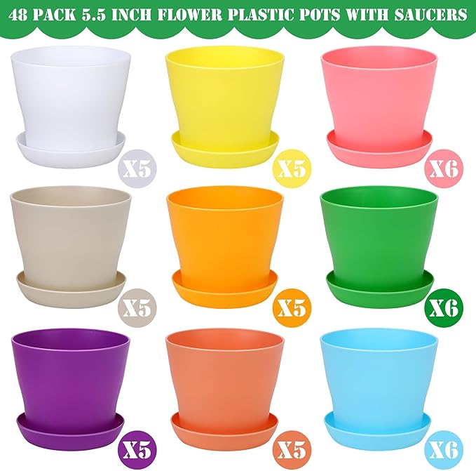 48 Pack Plastic Planters 5.5 Inch Flower Plant Pots Indoor Set Thickened Seedling Nursery Pots Seed Starting Pots with Drainage Holes Saucers Mini Garden Tool for Home Office Garden Multicolor