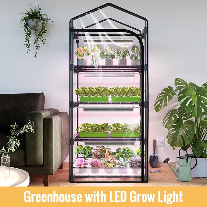 Mini Indoor Greenhouse with Grow Light 4-Tier Plant Stand with Zippered Cover Ventilation Window Bottom Pouch 20W Full Spectrum Plant Light with Timer for Seedling 27L x 19W x 63H