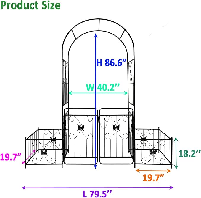 86''H Metal Garden Arch Rustproof Garden Arbor Trellis with Two Plants Stand and Gate 0.63'' Dia Galvanized Tube Plant Trellis for Climbing Plants Rose Jasmine (Black)