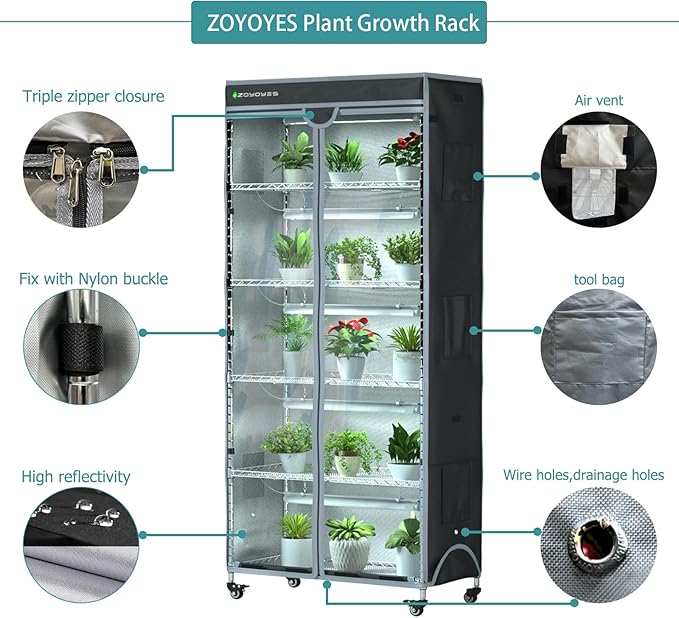 Indoor Greenhouse 6-Tier Plant Rack with Cover 5 T8 Grow Lights Thermometer &amp Timer – Seedlings Flowering Herbs &amp Vegetables Indoor Gardening Easy Assembly 30 W x 14 D x 72 H