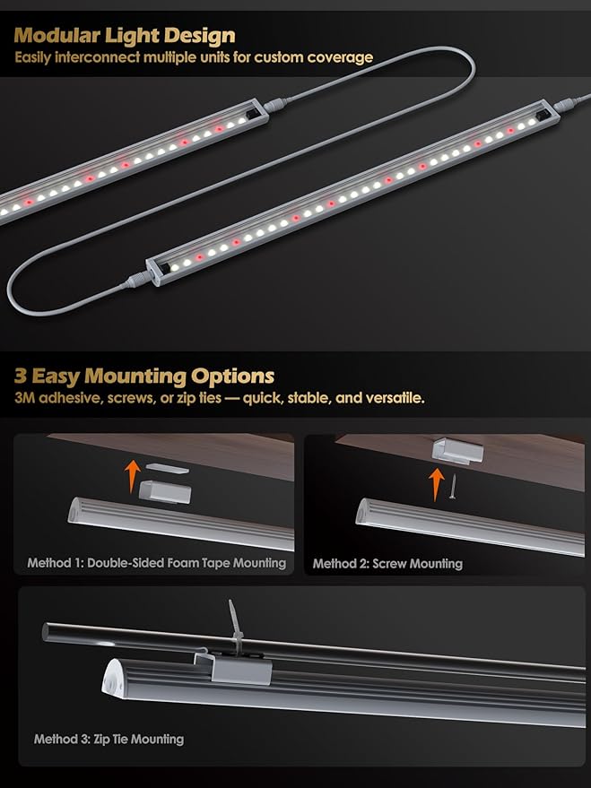 Smart Grow Light for Indoor Plants3500K Full Spectrum LED Plant Light Strips with 3/9/12H Auto TimerStepless DimmingModular DesignPlug and Play (White 6 Pack 48W)