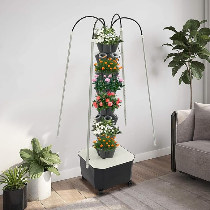 40 Pots Hydroponic Tower Growing System with Lights 8 Layers Movable Vertical Hydroponics Tower Garden Growing System Space Saving Indoor Plants Smart Garden for Gardening Lover