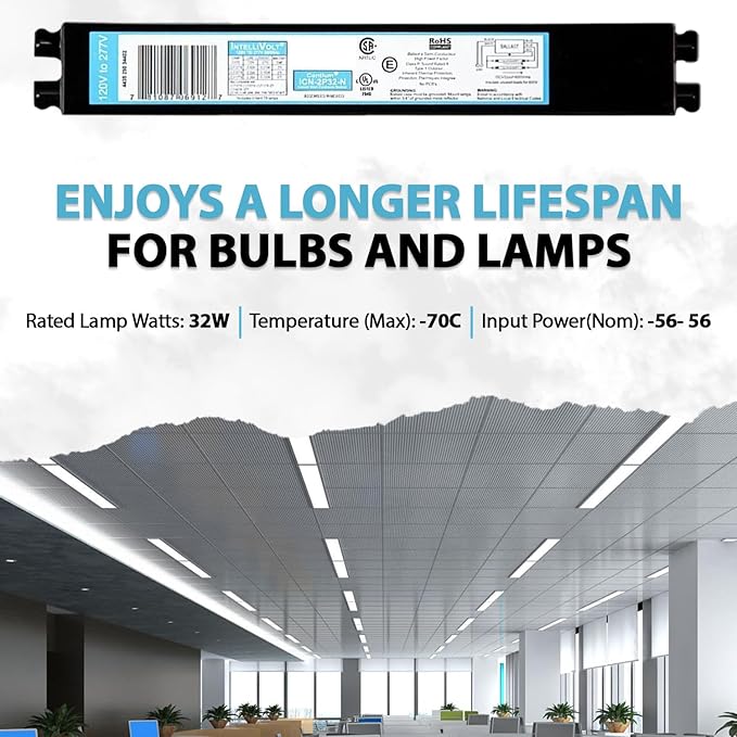 ICN2P32N 120-277V 50-60Hz Input Frequency Solid Wire Type Instant Start Centium Electronic Fluorescent Ballast for 2 F32T8 Lamp Type Indoor/Outdoor Use with Automatic Restart Ballast Box