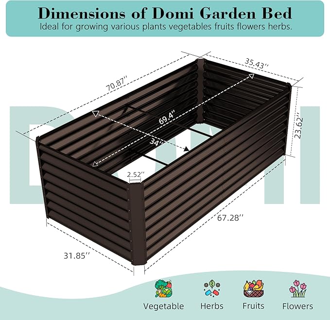 Domi 6×3×2 ft Galvanized Raised Garden Bed Outdoor Planter Garden Boxes Large Metal Planter Box for Gardening Vegetables Fruits Flowers Brown