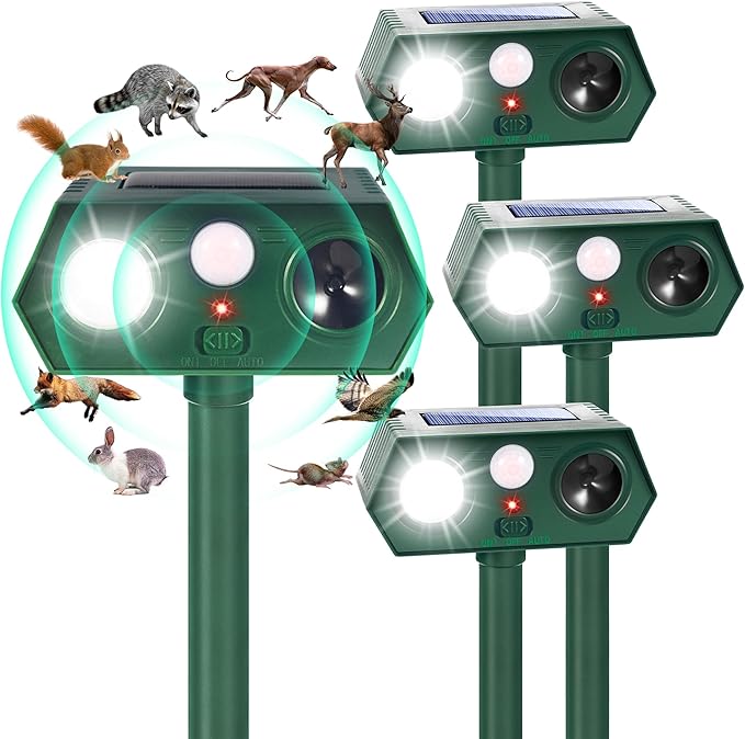 4Pack Solar Ultrasonic Animal RepellentWaterproof Deer Repellent Devices with Motion Detection2025 Cat Repellent Outdoor Squirrel Skunk Rabbit Dog Raccoon Bird Deterrents Animal Repeller for Yard