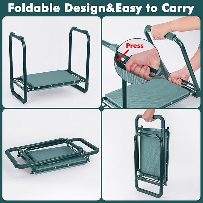 FEED GARDEN Garden Kneeler and Seat Upgraded Foldable Gardening Stool with 10.23 Wide Kneeling Pad Heavy Duty Gardening Bench Chair with 2 Tool Pouches Gardening Gifts for Seniors Mom Women Men